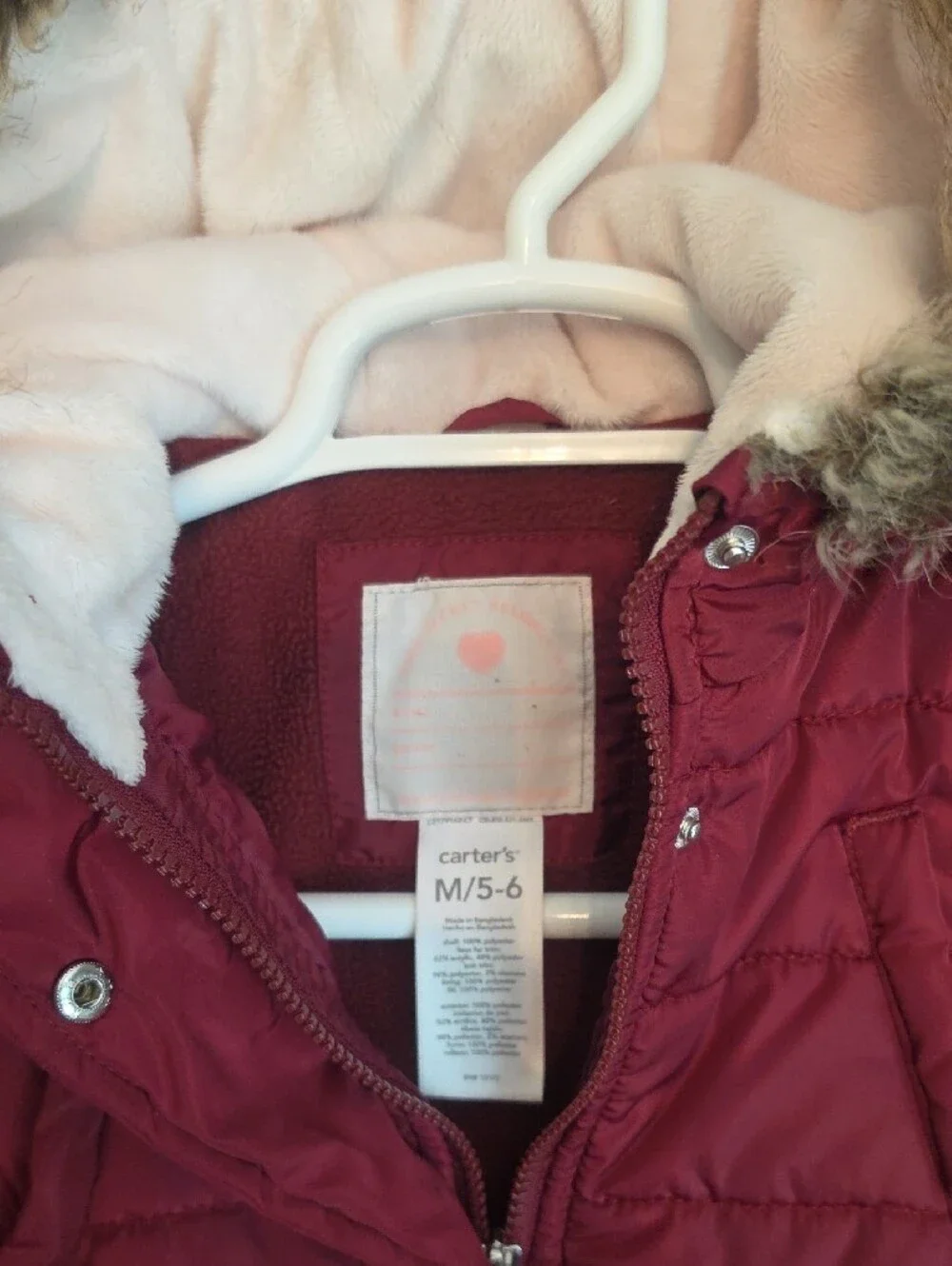 Carter's Hooded Puffer Jacket in Burgundy with Faux-Fur Trim